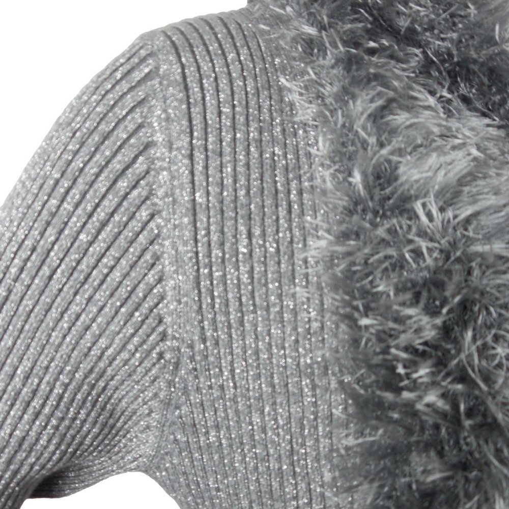 LAUREN MICHELE Top L Cardigan Sweater Silver Gray Metallic Faux Fur Stretch Knit - Picture 4 of 11